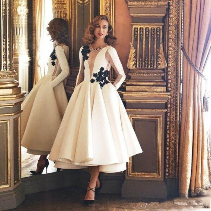 Exquisite Ivory/White A Line Cocktail Dresses 2019 Jewel Neck Long Sleeves Black Flower Tea Length Formal Gowns Homecoming Party